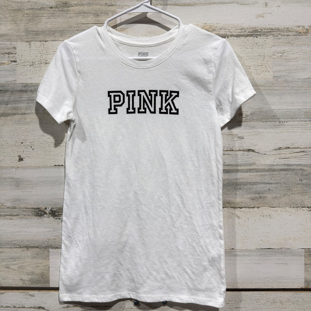 PINK Victoria's Secret T-Shirt Women XS White Logo Graphic Athleisure EUC